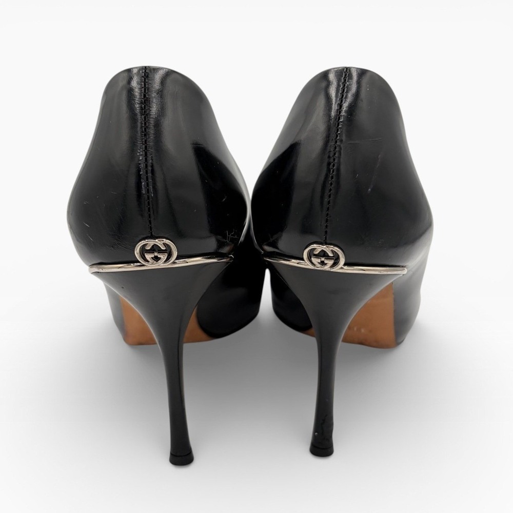 Gucci‎ Interlocking GG Logo Sz 38.5 Classic Black Patent Leather Stiletto Heels - Picture 2 of 9